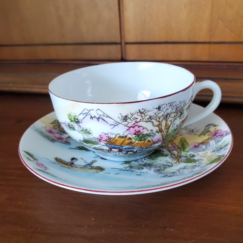 Vintage Japanese Teacup & Saucer Mt. Fuji Made in Japan